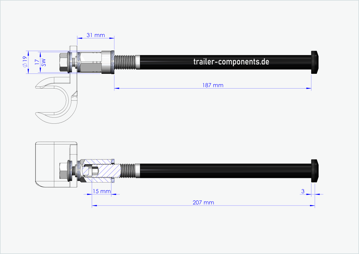 Eixo passante universal com adaptador para ORBEA | para rosca esquerda M12 x 1,50 - adequado para Thule, Qeridoo, Burley, Prophete, Hamax, Trixie e muitos outros.