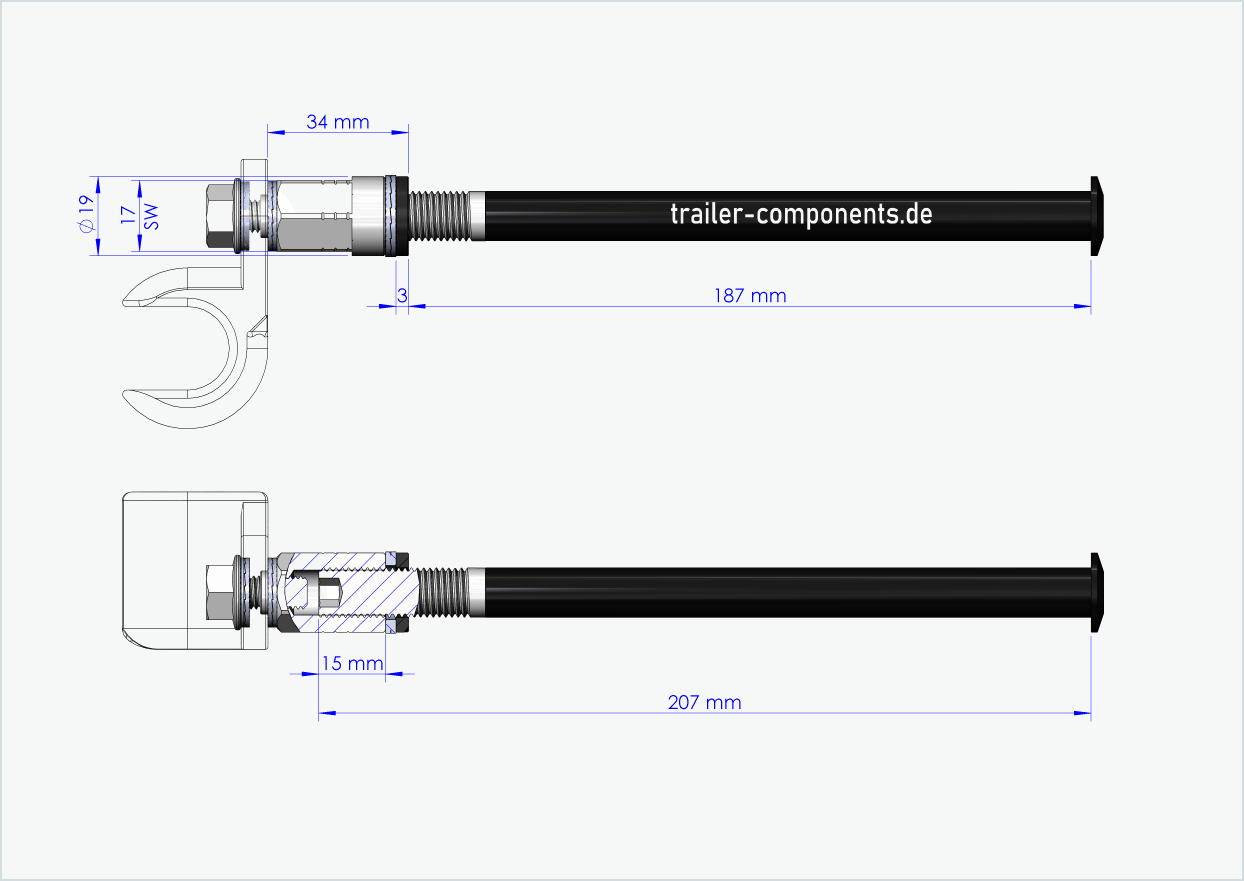 Eixo passante universal com adaptador para ORBEA | para rosca esquerda M12 x 1,50 - adequado para Thule, Qeridoo, Burley, Prophete, Hamax, Trixie e muitos outros.