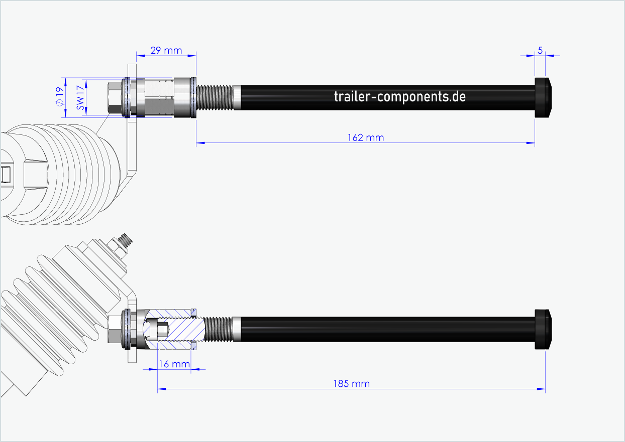 Eixo de aperto rápido com adaptador Weber para TOUT TERRAIN | para rosca esquerda M12 x 1,50 - adequado para embraiagens Weber tipo: E - EL - ES