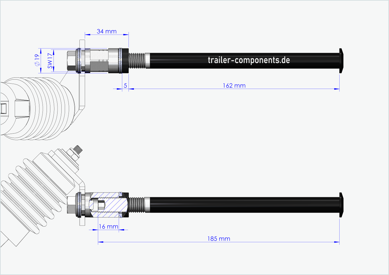 Eixo de aperto rápido com adaptador Weber para TOUT TERRAIN | para rosca esquerda M12 x 1,50 - adequado para embraiagens Weber tipo: E - EL - ES