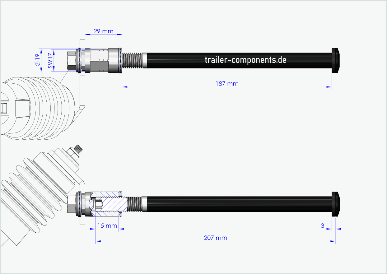 Eixo de aperto rápido com adaptador Weber para ORBEA | para rosca esquerda M12 x 1,50 - adequado para embraiagens Weber tipo: E - EL - ES