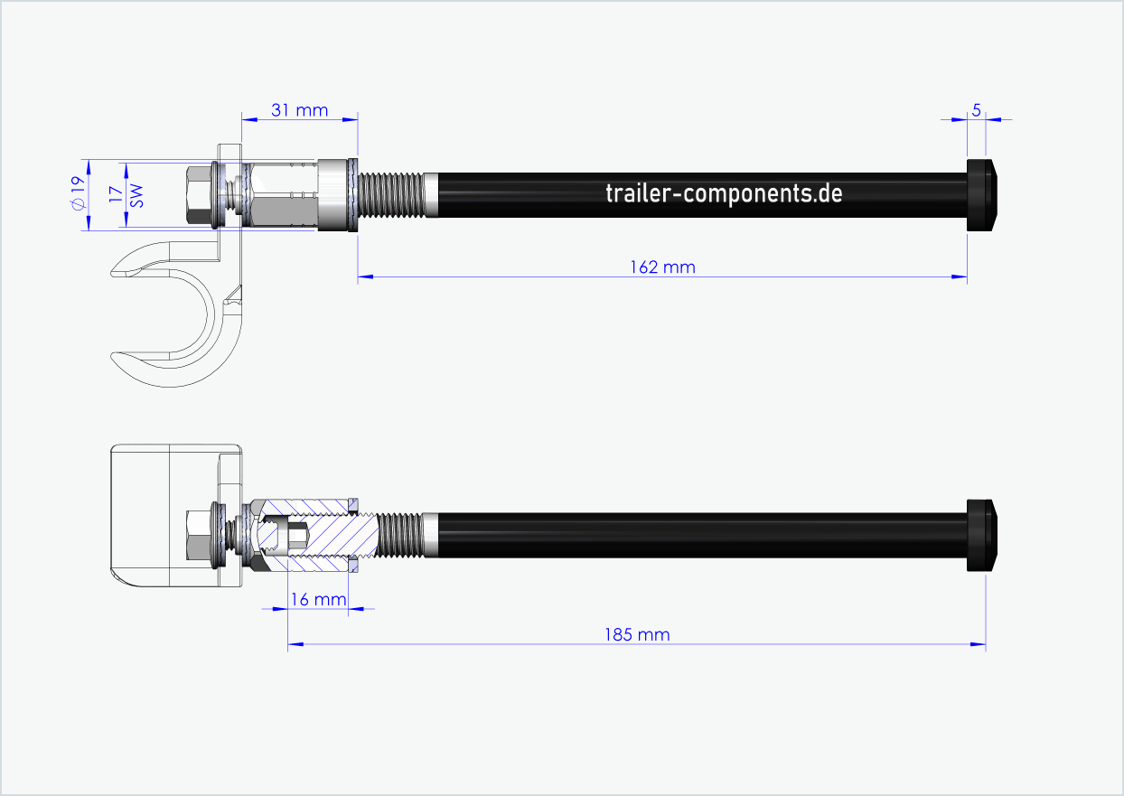 Eixo passante universal com adaptador para TOUT TERRAIN | para rosca esquerda M12 x 1,50 - adequado para Thule, Qeridoo, Burley, Prophete, Hamax, Trixie e muitos outros.