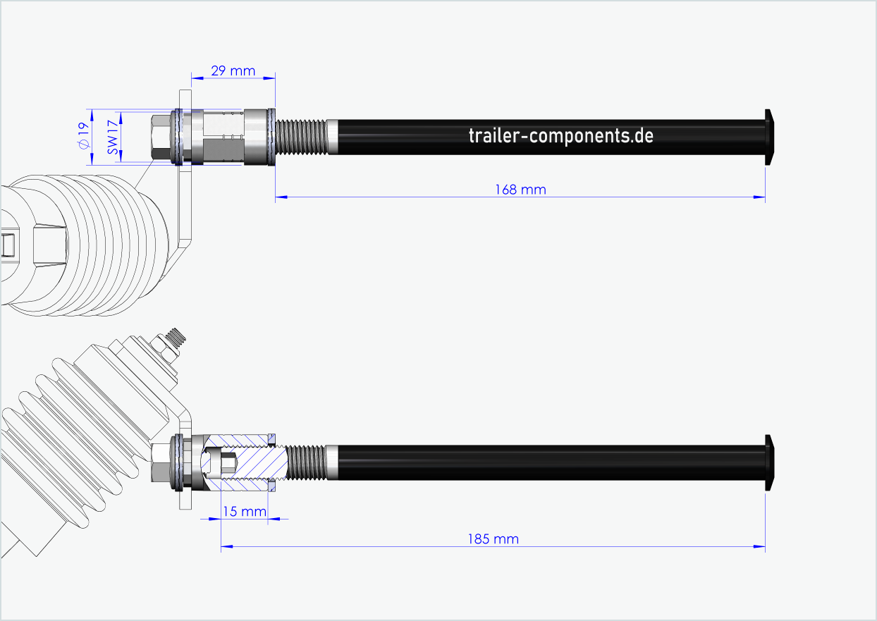 Eixo de aperto rápido com adaptador Weber para ORBEA | para rosca esquerda M12 x 1,50 - adequado para embraiagens Weber tipo: E - EL - ES