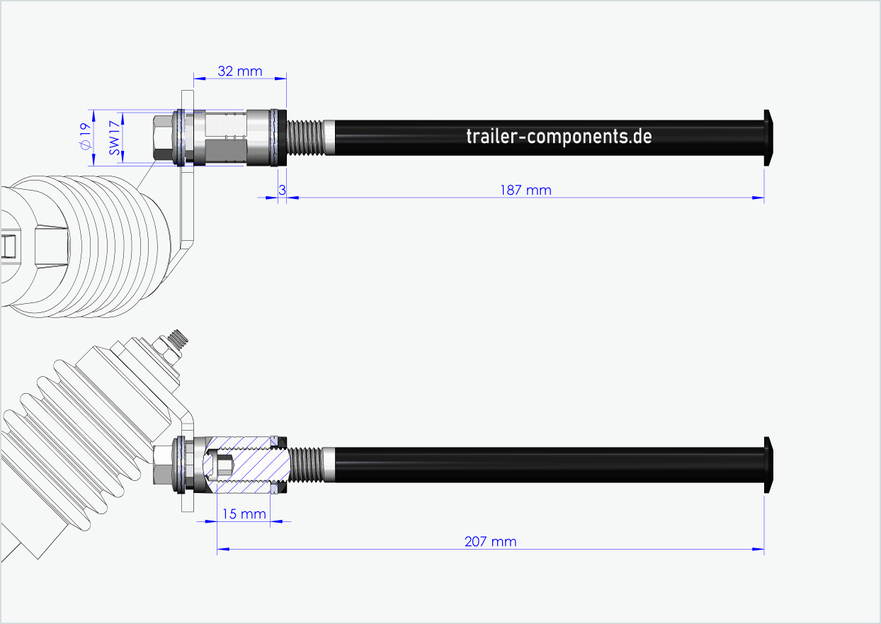 Eixo de aperto rápido com adaptador Weber para ORBEA | para rosca esquerda M12 x 1,50 - adequado para embraiagens Weber tipo: E - EL - ES
